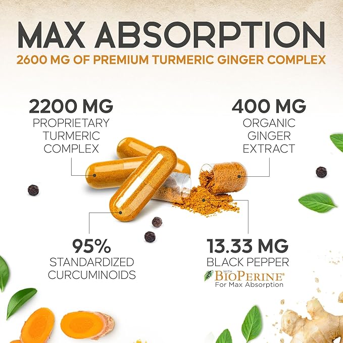 Turmeric Curcumin Supplement - 2200mg Curcumin Complex &amp 400mg Organic Ginger per Serving - 95% Curcuminoids &amp BioPerine Black Pepper for Best Absorption &amp Joint Support Bottled in USA -