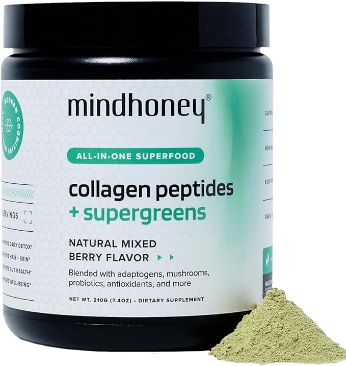 MINDHONEY | Collagen Peptides + Super Greens | Premium All-in-One Superfood Powder | Gut Health Detox Hair &amp Skin Immunity | Collagen Peptides Super Greens Probiotics Adaptogens | 30 Serving