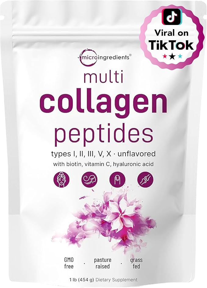 Micro Ingredients Multi Collagen Protein Powder 16oz &amp Hair Vitamins Complex Capsules Bundle 2 Pack | Grass-Fed Collagen Peptides | 14-in-1 Advanced Hair Growth Support