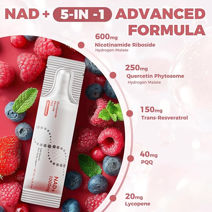NAD+ Liquid Supplement 1000mg 30 Sachet Nicotinamide Riboside &amp Resveratrol with PQQ DNA Repair Advanced NAD Supplement for Men &amp WomenBoosts Cellular Energy