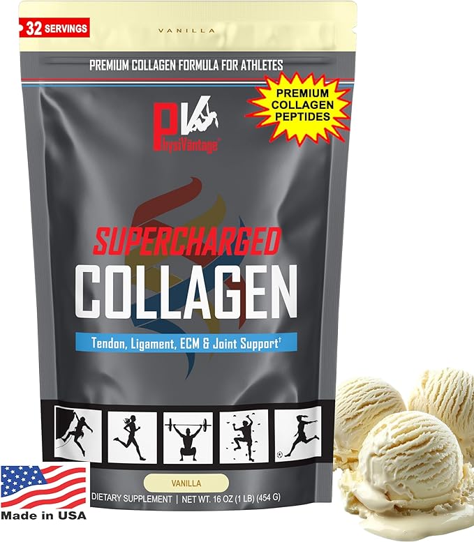 PhysiVantage Supercharged Collagen Peptides Powder - Hydrolyzed Collagen for Joint Tendon Ligament &amp Skin Health Support - Vanilla Keto Paleo 16oz | Enhanced with Vitamin C BCAAs Grass-Fed