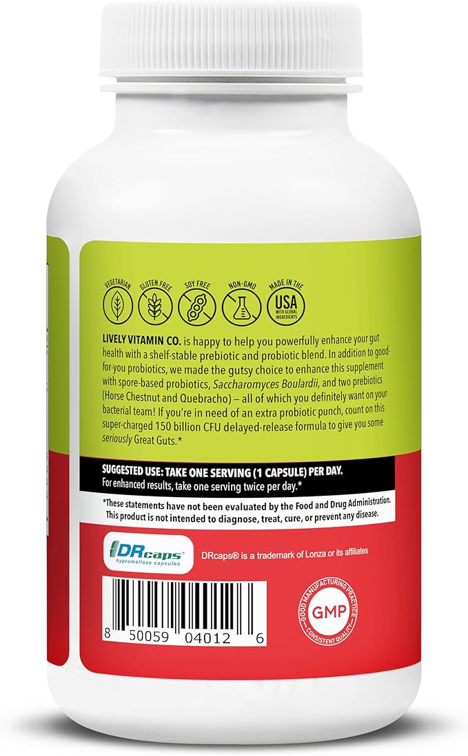 LIVELY VITAMIN CO. Great Guts Probiotic 50 Billion CFU Probiotic - Balance Gut Microbiome GI Tract Inflammation Indigestion Reflux Upset Stomach &amp Diarrhea - 90 Caps