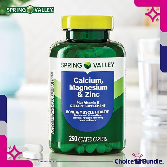 Spring Valley Calcium Magnesium &amp Zinc Plus Vitamin D Coated Caplets 250 Ct 2 pk (500 Total) + Vitamin Vitality &amp Pill Container (4 Items)!
