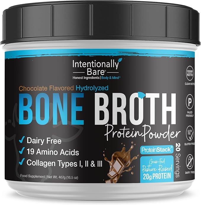 Intentionally Bare Bone Broth Protein Powder Chocolate - Grass Fed Protein Powder with Multi Collagen Peptides Type 1 2 and 3 - Dairy Free Bone Broth Powder for Skin Gut and Joint - 20 Servings