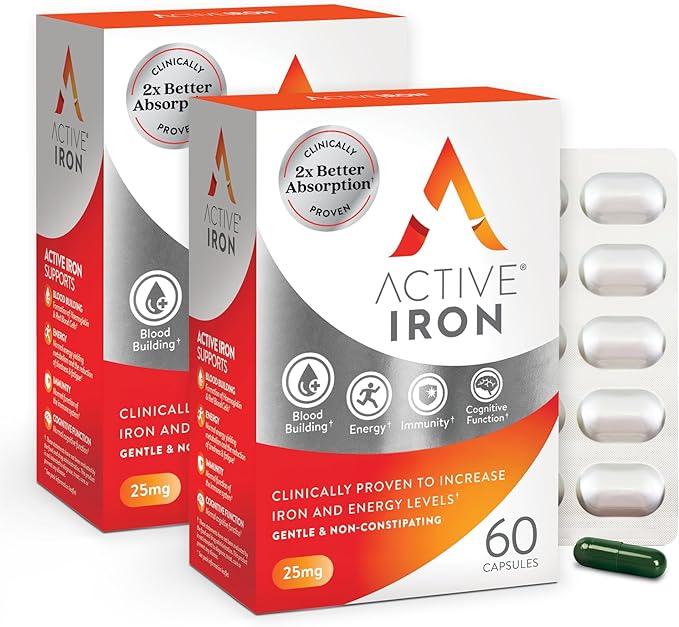 Active Iron Supplement 25mg Clinically Proven to Increase Iron &amp Energy Levels Maximum Absorption Gentle Non-Constipating Avoids Nausea &amp Side Effects 120 On-the-Go Foil Protected Capsul