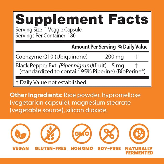 Doctor's Best High Absorption CoQ10 200mg with BioPerine Supplement - Coenzyme Q10 Caps for Heart Health &amp Antioxidant Support CoQ10 200 mg for Women &amp Men Non GMO - 180 Veg Capsules