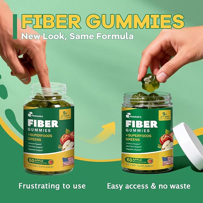 9G Fiber Gummies for Digestive Health &amp Regularity - No Sugar Added Apple Flavor - Prebiotic Fiber Supplement with Greens - Daily Gummies for Adults Women &amp Men - 60CT