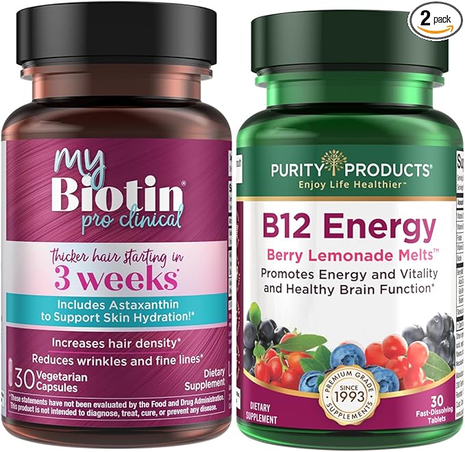 Purity Products Bundle - MyBiotin ProClinical + B-12 Energy Melt MyBiotin ProClinical (Biotin Patented MB40X Astaxanthin) - B12 Berry Melt (Methylcobalamin B12 + B6 + D3 + More)
