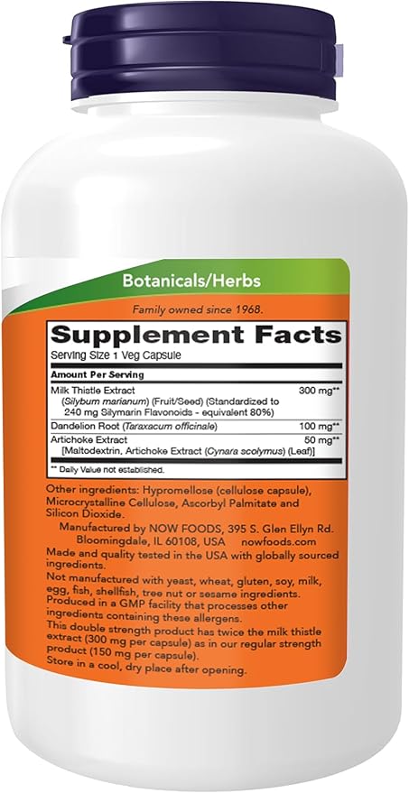 NOW Foods Supplements Silymarin Milk Thistle Extract 300 mg with Artichoke and Dandelion Double Strength Supports Liver Function* 250 Veg Capsules (1)