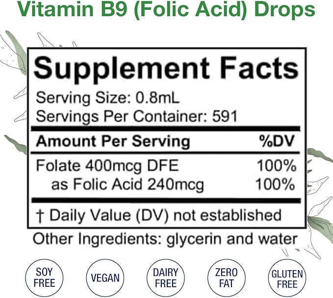 HoneyCombs Vitamin B9 Liquid Drops - High Potency Liquid Vitamin B9 Folic Acid Supplement for Women - Maintain Healthy Liver Pregnancy &amp Overall Health - Cold Pressed Vegan Vitamins Drops (16 Fl