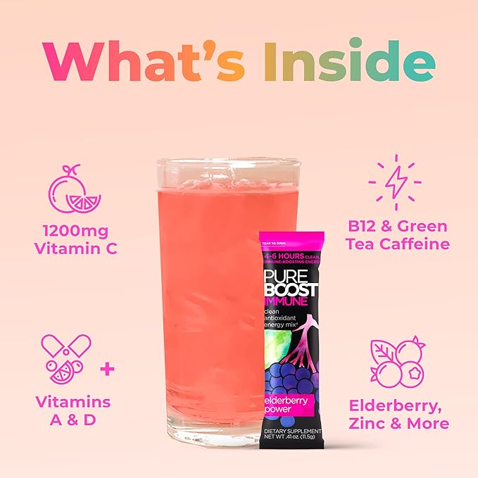Pureboost Immune Clean Energy Booster Refreshing Energy Drink Mix and Immunity Supplement with Elderberry 1200 mg Vitamin C Vitamins A + D and Zinc. Sugar-Free (Combo Pack 30 Count)