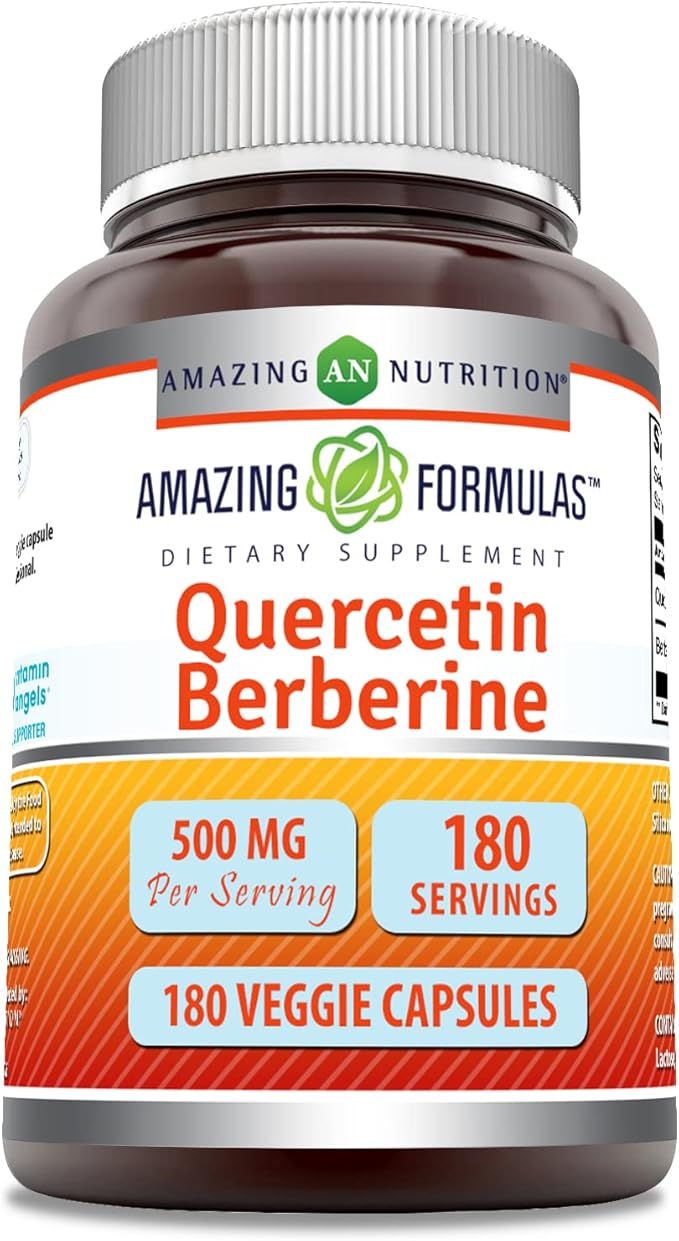 Amazing Formulas Quercetin Berberine - 250mg Berberine and 250mg Quercetin 180 Veggie Capsules Supplement | Non-GMO | Gluten Free | Made in USA | Ideal for Vegetarians