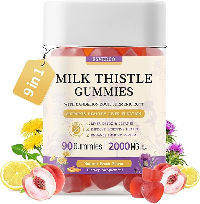 Milk Thistle Gummies with 2000MG Extract Liver Health Support Gummies Silymarin Milk Thistle Supplement with Artichoke Dandelion Turmeric Curcumin No Sugar for Adults Vegan 90 Count