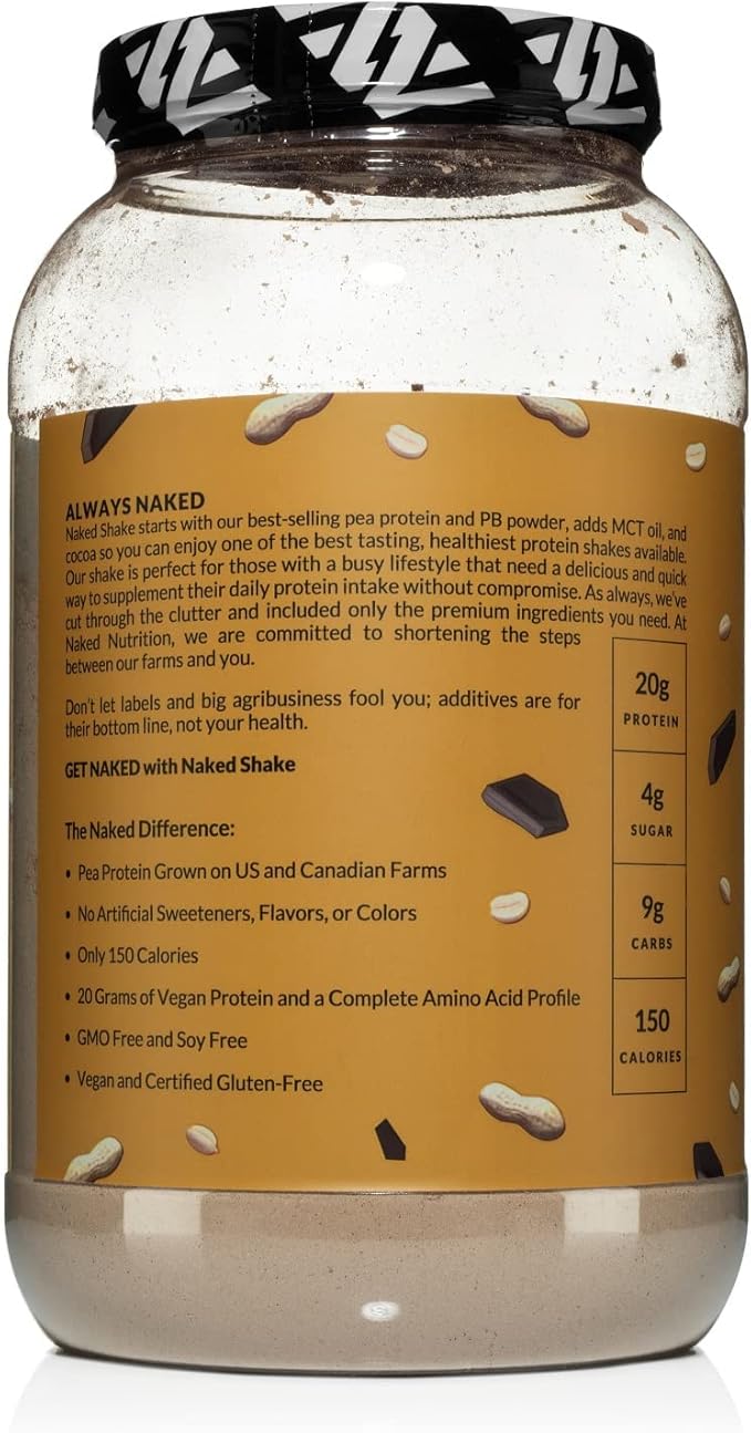 NAKED Shake - Chocolate Peanut Butter Protein Powder - Vegan Protein Powder from US &amp Canadian Farms with MCT Oil NSF Certified Gluten-Free Soy-Free No GMOs or Artificial Sweeteners - 30 Servi