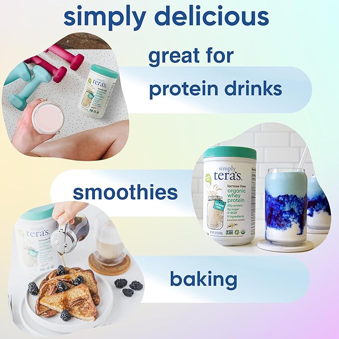 simply tera's Lactose Free Organic Whey Protein Powder - Lactose Free Vanilla 20g of Protein Per Serving Non-GMO Gluten-Free rBGH-Free Kosher - 12 Oz.