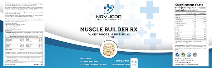 Whey Protein Powder Birthday Cake Flavor 2 Lb 24g Protein per Serving with BCAAs and Digestive Enzymes