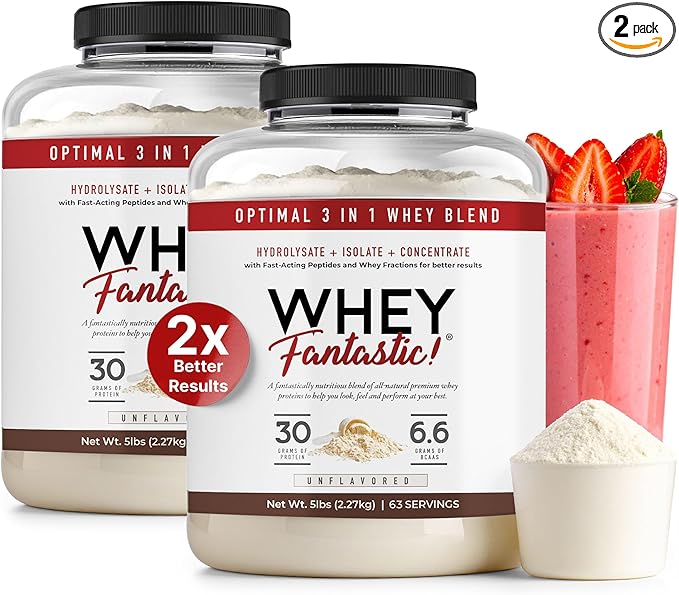 3-in-1 Whey Protein Powder Unflavored 2 x 5lb – 30g of Grass-Fed Protein from Whey Hydrolysate Isolate and Concentrate per Serving – Non-GMO Soy-Free Unsweetened – 126 Servings