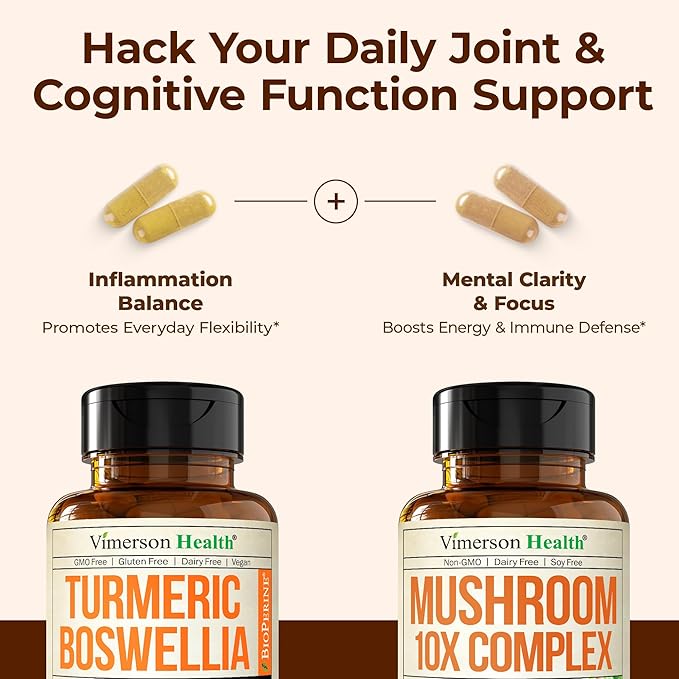 Boswellia Turmeric Curcumin Supplement + 10-in-1 Mushroom Powder Supplement Bundle – Supports Joint Health Memory &amp Focus – with Ginger Organic Turmeric Powder Lion’s Mane Reishi Mushroom &amp