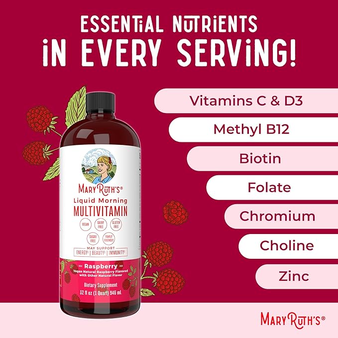 MaryRuth's Liquid Morning Multivitamin Raspberry (32oz) &amp Iron Liquid Supplement (Berry) | Clean Label Project Verified® | Vegan Non-GMO Sugar-Free | Energy Beauty &amp Overall Health