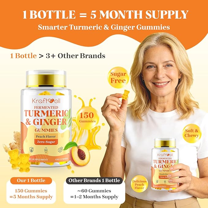 5 Month Supply Turmeric and Ginger Gummies with Black Pepper Fermented Turmeric for Joint Comfort &amp Mobility Sugar-Free with Vitamin D3 + K2 Natural Peach Flavor – 150 Gummies
