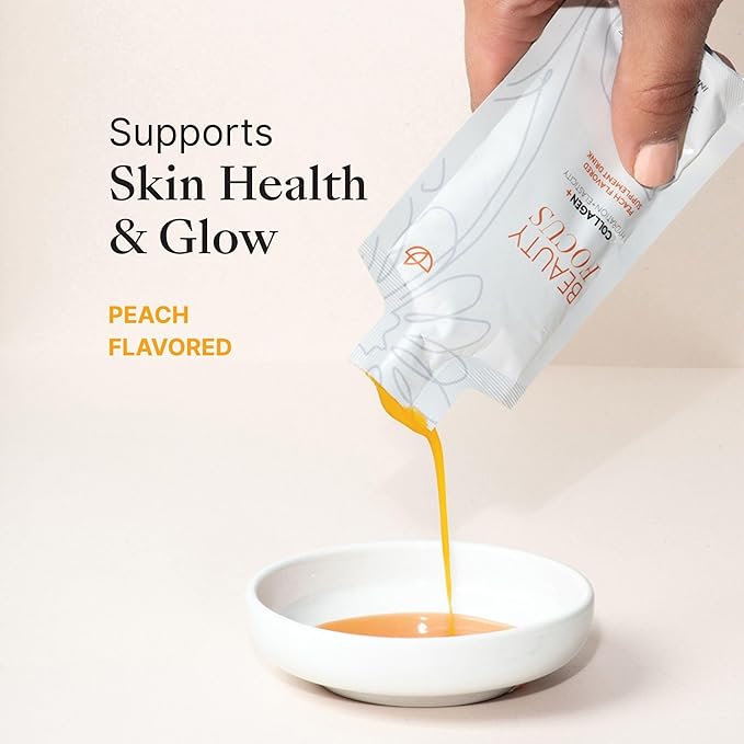 Nu Skin Beauty Focus Collagen+ | Marine Collagen Liquid Supplement with Lutein &amp Wheat Lipids | Supports Skin Hydration Elasticity &amp Smooth Appearance | 30 Pouches | Peach