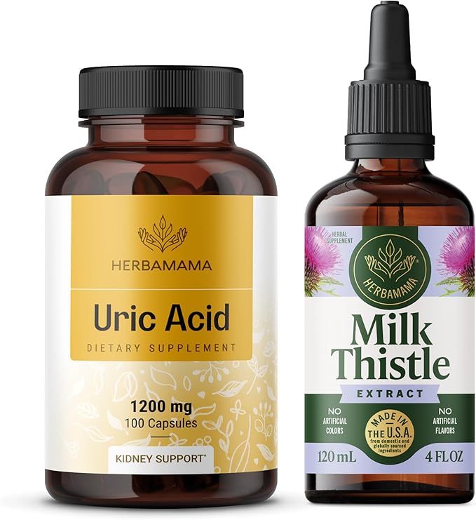 HERBAMAMA Uric Acid and Milk Thistle Kit - Bundle of 1200 mg Uric Acid Complex &amp Milk Thistle Extract Tincture 4 fl oz - Vegan Non GMO Sugar &amp Alcohol-Free - 2 Pack