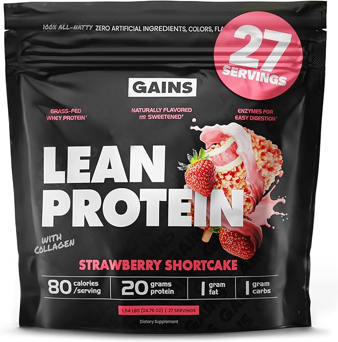 Gains in Bulk Lean Protein Powder With Collagen Peptides Gluten Free Grass Fed Whey 20 G Protein &amp 5 G Collagen Plant Enzymes to Support Digestion Natural Flavor Strawberry Shortcake 27 Serv