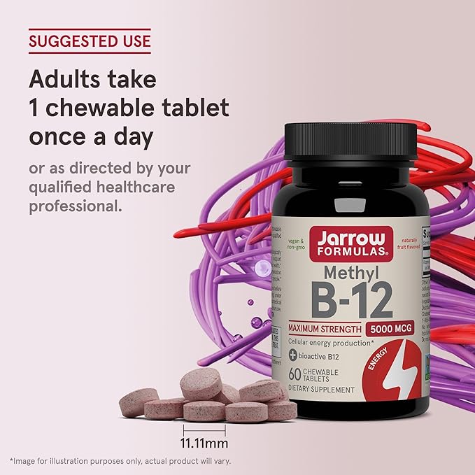 Jarrow Formulas Methyl Vitamin B12 5000 mcg - 60 Chewable Tablets Naturally Fruit Flavored- Bioactive B12 Vitamin - Supports Cellular Energy Production Brain Health &amp Metabolism - 60 Servings