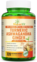 NutreeVit Organic Turmeric with Ashwagandha &amp Ginger - 320 Capsules | Ashwagandha Root &amp Turmeric Supplement with Vitamin D3 | Herbal Supplement for General Wellness
