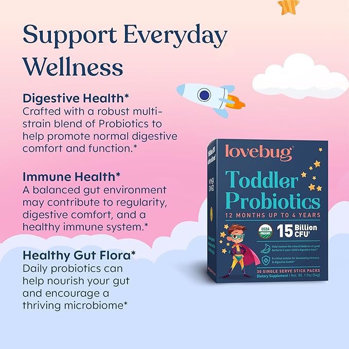 LOVEBUG Kids Probiotic Powder with Prebiotic Fiber - Toddler Immunity Support &amp Constipation Relief - USDA Organic Probiotics for Childrens Gut &amp Digestive Health (Ages 1-4) - 60 Pack (Unflavo