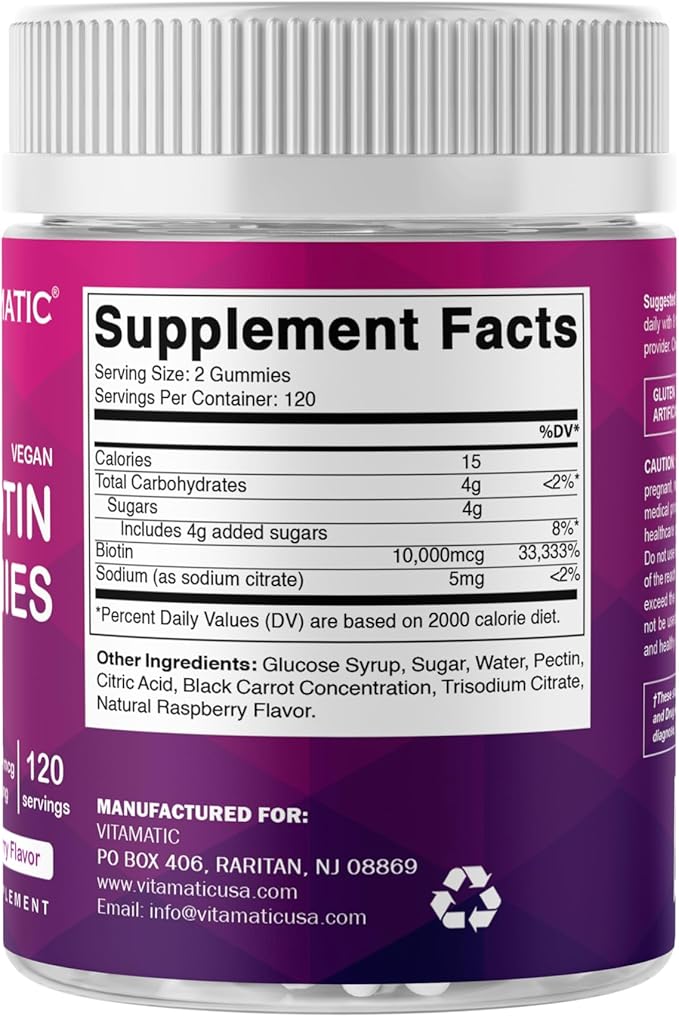 Vitamatic Biotin Gummies 10000 mcg for Stronger Hair Skin &amp Nails - 240 Vegan Gummies - Also Called Vitamin B7