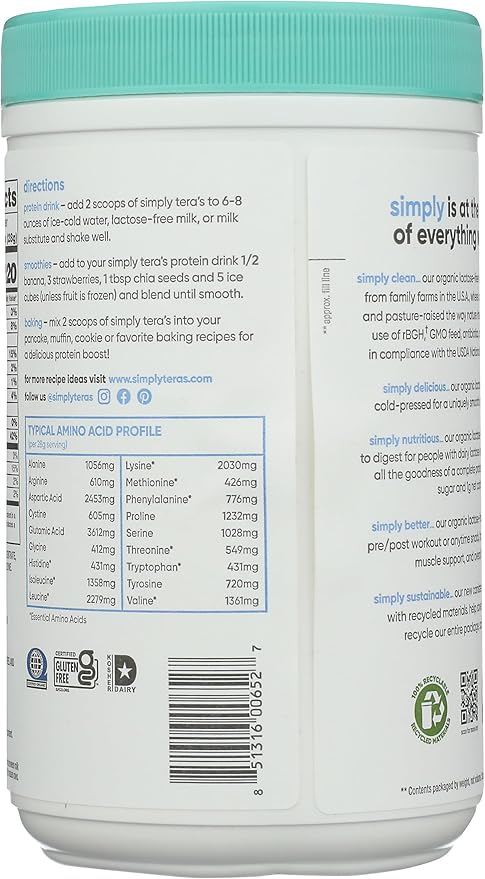 Simply Tera's Whey Protein Plain Lactose Free Organic 12 Ounce