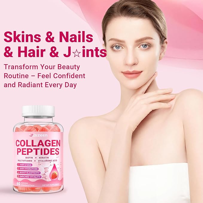 Collagen Gummies for Women - Sugar-Free Hydrolyzed Collagen Gummy with Biotin Hyaluronic Acid &amp MultiVitamins Type I II III V &amp X Collagen Peptides - Promote Skin/Hair/Nail/Bones 60 Cts