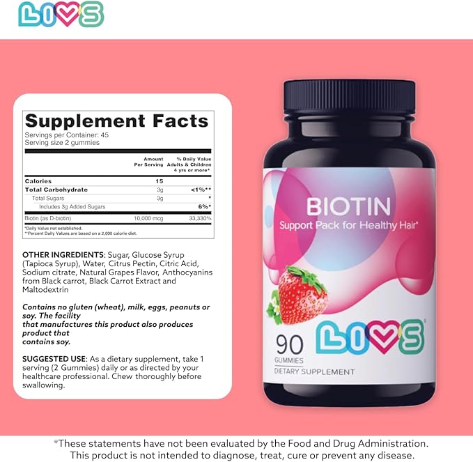 LIVS Biotin Gummies 10000mcg – Supports Healthy Hair Skin &amp Nails | Vitamin B7 Supplement for Women &amp Men | Natural Grape Flavor | Vegan Gluten Free &amp Non-GMO | 180 Count with 90 Serving