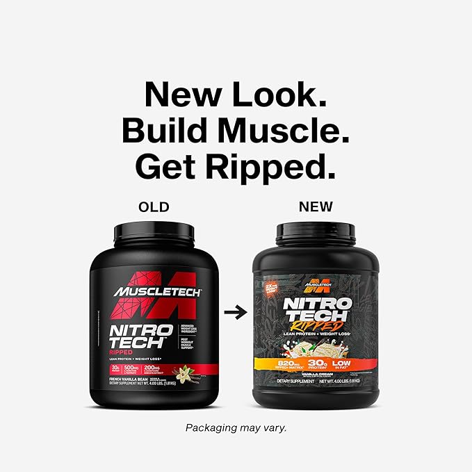 Muscletech Whey Protein Powder (Vanilla Cream 4LB) - Nitro-Tech Ripped Whey Protein Isolate &amp Peptides Smoothie Mix for Lean Muscle &amp Fast Recovery - 30g of Whey Protein for Women &amp Men