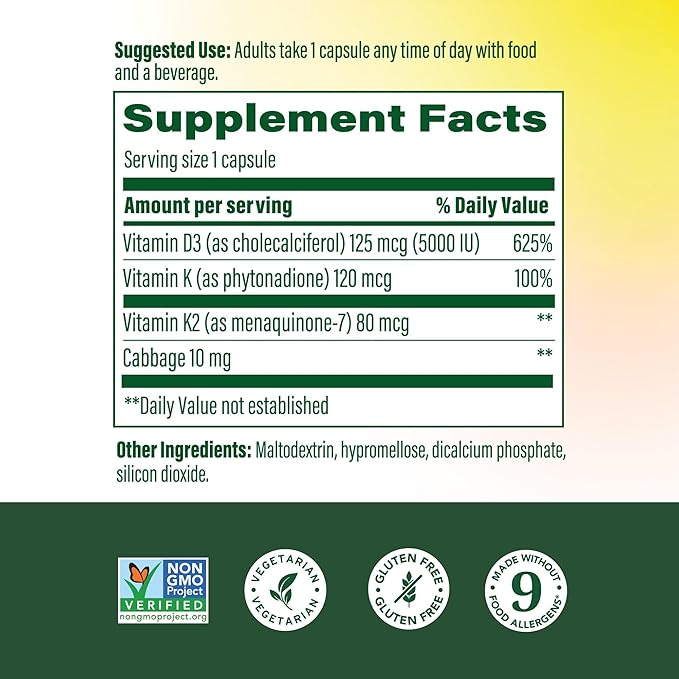 MegaFood Vitamin D3 5000 IU (125 mcg) - Vegetarian Supplements with Vitamin D3 K2 - Supports Bones Teeth Muscles &amp Immune Health - Certified Non-GMO - 120 Mini Capsules 120 Servings (Pack of 2)