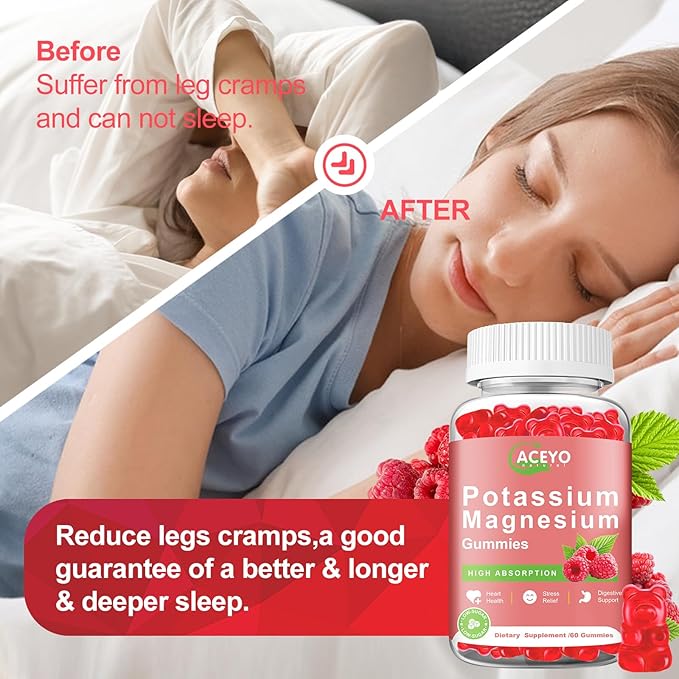 2 Pack Potassium Magnesium Gummies for Adult Kids High Absorption Leg Cramps &amp Muscle &amp Heart Health Immune Health Raspberry Magnesium Gummies Chewable Gummy Supplement Vegan Non-GMO