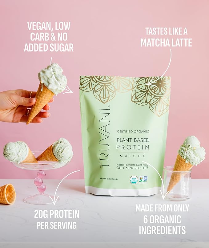 Truvani Vegan Pea Protein Powder | Matcha | 20g Organic Plant Based Protein | 20 Servings | Keto | Gluten &amp Dairy Free | Low Carb | No Added Sugar
