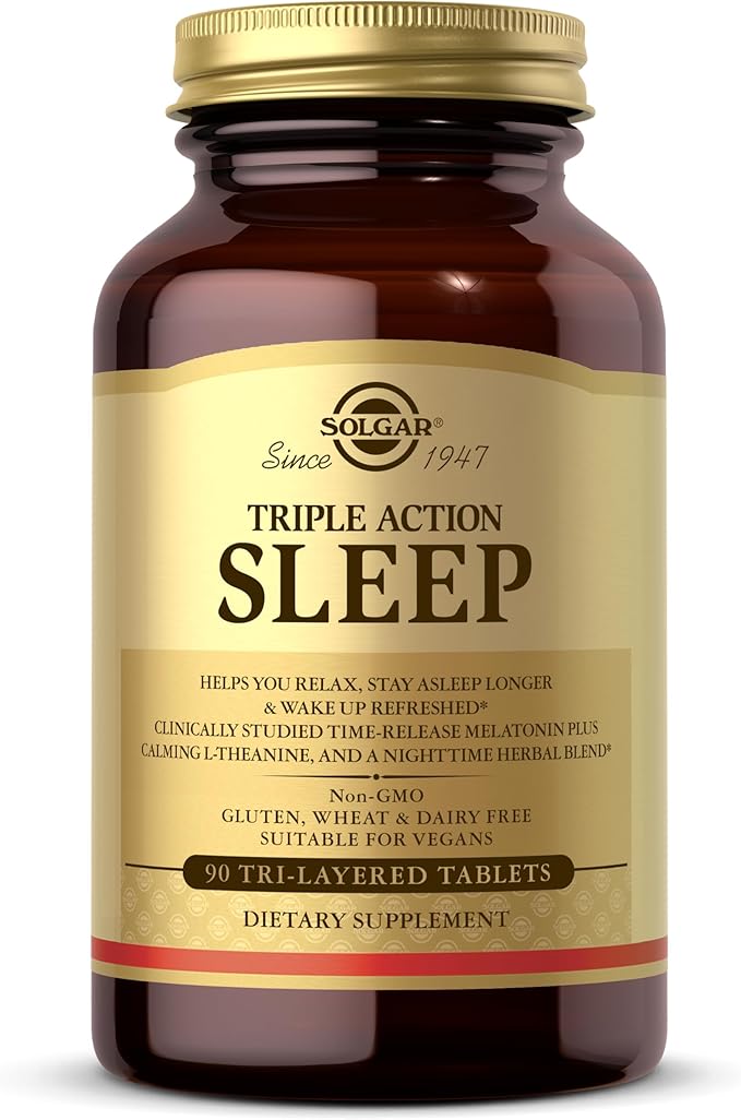 Solgar Triple Action Sleep 90 Tri-Layer Tablets - Time-Release Melatonin &amp L-Theanine Plus Herbal Blend - Helps You Relax - Non-GMO Gluten Free - 90 Servings
