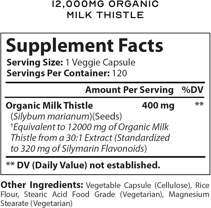 Milk Thistle Liver Cleanse Detox &amp Repair Support Organic Supplement 12000 Mg 120 Day 30X Seed Extract with Silymarin MD Super Ultra Herbal Kidney Lung Renew Aid Health Formula Pills 120 Capsul