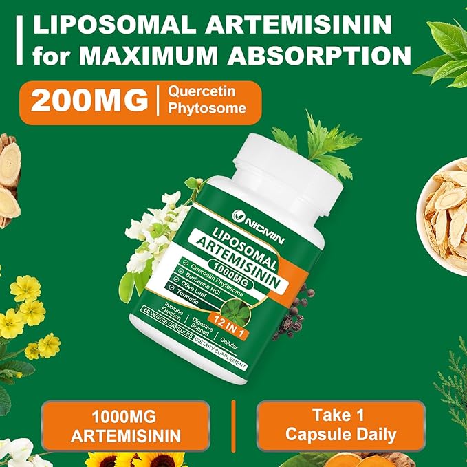 Liposomal Artemisinin Supplement 1000mg Sweet Wormwood Extract with 200mg Quercetin Phytosome Maximum Absorption for Antioxidant 120 Capsules