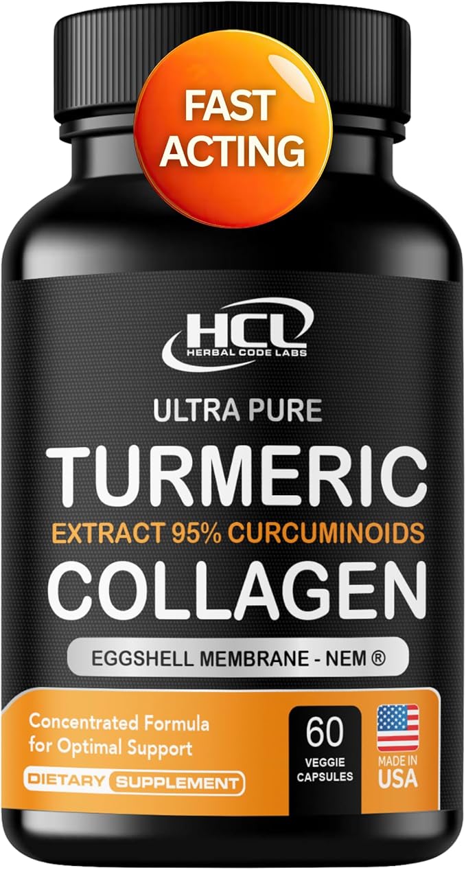 Turmeric Curcumin 95% Extract &amp Collagen Capsules - NEM Promotes Knee Comfort &amp Flexibility - Eggshell Membrane w Naturally Occurring Glucosamine Chondroitin Hyaluronic Acid- Made in USA