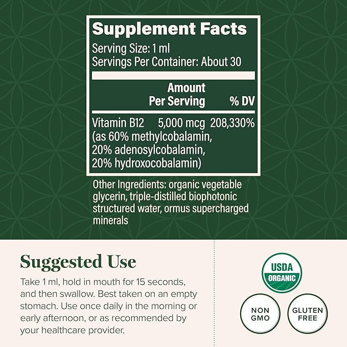 Global Healing Center - Vitamin B12 Sublingual 5000 MCG Organic Liquid Supplement Methylcobalamin Adenosylcobalamin Hydroxo Long-Lasting Energy and Healthy Metabolism - Vegan B12 Vitamins (1 Oz)