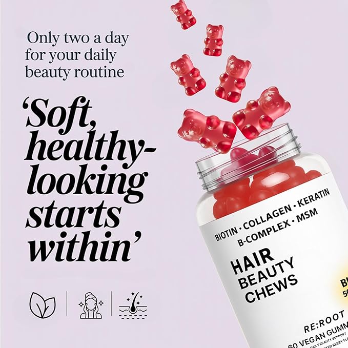 RE:ROOT Hair Growth Gummies – 5000 mcg Biotin with Collagen Keratin &amp MSM – Hair Skin &amp Nails Support – 60 Berry Gummies