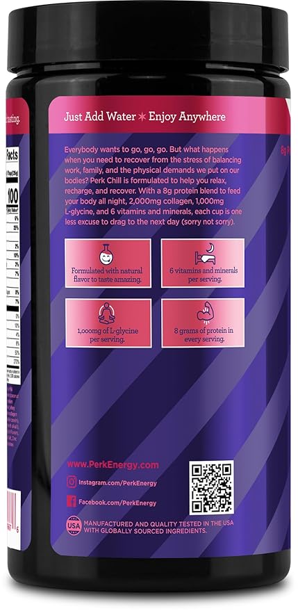 Perk Chill Drink Mix (Chocolate Raspberry) 18 Servings – Calming Melatonin-Free Nighttime Sleep Aid Support with Magnesium &amp L-Glycine Soy-Free Peanut-Free Gluten-Free