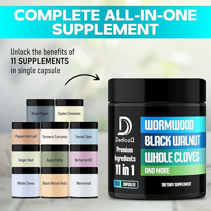 11in1 Wormwood Capsules - 180 Capsules Extracted from Black Walnut Cloves Ginger Turmeric Apple Berberine HCl &amp More - Support Immune System for 3 Months