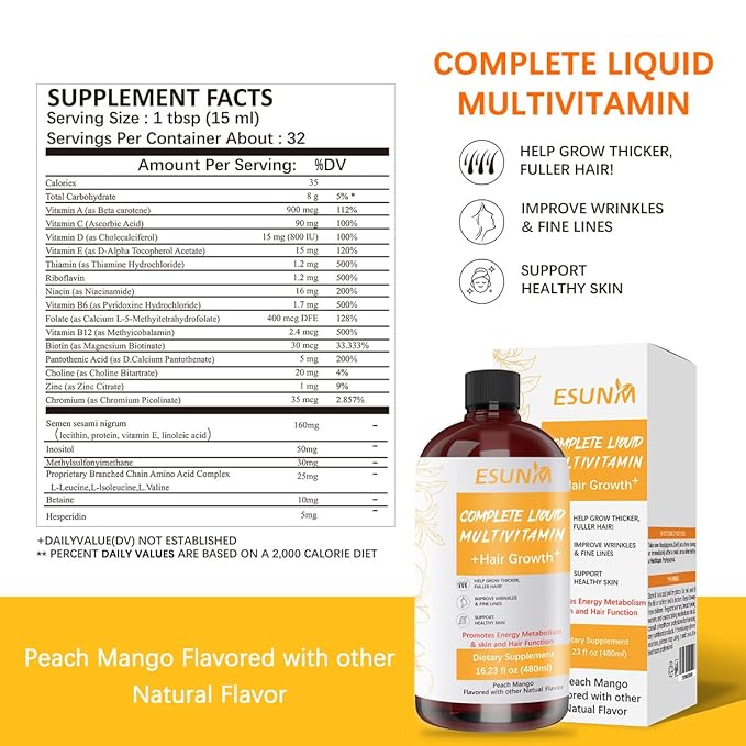 Complete Liquid Multivitamin Hair GrowthSupport for Thicker Hair &amp Facial Wrinkles in Women | Biotin 30mcg | Semen Sesami Nigrum Promotes Energy Metabolism Skin &amp Hair for Ages 18+ | 16.23 Fl