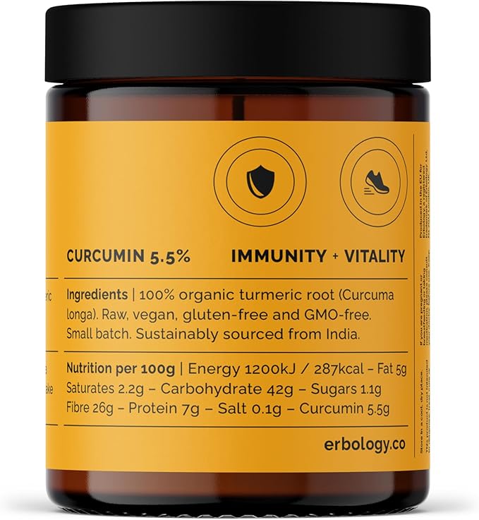 Erbology Organic Turmeric Powder 3.2 oz - 90 Servings - 5.5% Curcumin - No Additives or Preservatives - Sustainably Sourced Straight from Farm in India - Vegan - GMO-Free