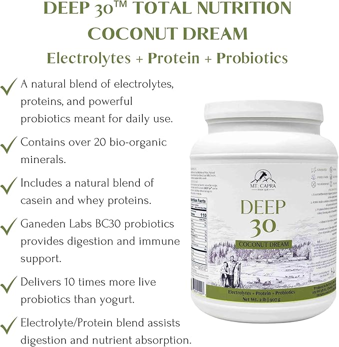Mt. Capra Deep 30 | Meal Replacement Shake Goat Protein Powder with Grass-Fed Whey Protein Casein Protein Minerals and BC-30 Probiotics | Coconut Dream | 30 Servings - 2 Pounds