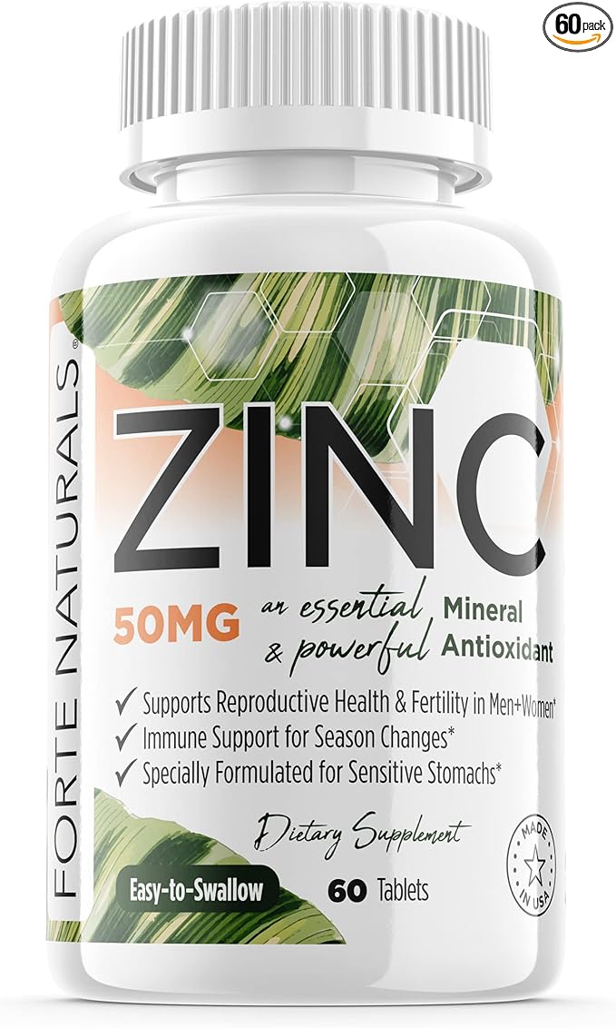 Zinc 50mg (60 Tablets) Specially Formulated for Sensitive Stomach Immune Support Skin &amp Hair Vegan Zinc Supplement Non-GMO Made in USA